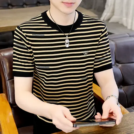 条纹短袖t恤男式夏季圆领休闲上衣潮流伊力特冰丝针织欧货半袖薄T商品大图