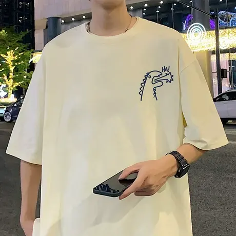 短袖t恤男2024新款夏季美式潮牌小恐龙印花半袖宽松大码半袖衣服商品大图