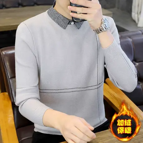 加绒加厚毛衣男士冬款衬衫领针织保暖打底线衫春秋季潮流假两件商品大图