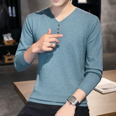 V领长袖t恤男春秋季新款潮流内搭打底小衫个性百搭青少年针织上衣商品大图