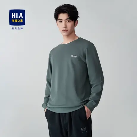 HLA/海澜之家双层领长袖T恤23秋新含新疆棉圆领修身针织布上衣男商品大图