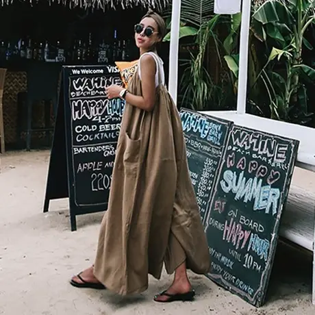 纯诗曼大码休闲背带裤女韩版宽松吊带棉麻连体时尚百搭亚麻裤子潮图片