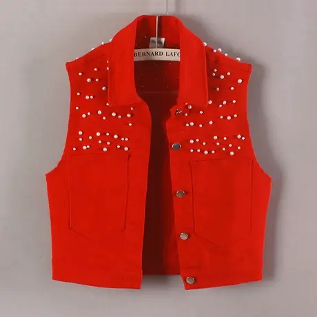 牛仔马甲女背心短款春秋夏宽松新款无袖大码外搭显瘦大红钉珠坎肩商品大图