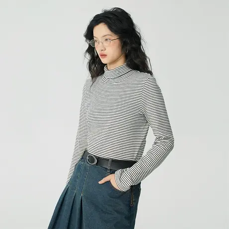 omont蛋挞家 高领细条纹T恤女秋冬新款复古刺绣修身内搭打底上衣图片