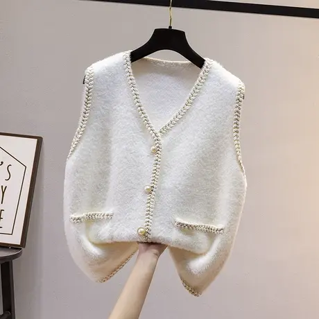 水貂绒针织马甲背心外穿2023年春季新款V领小香风女开衫毛衣外套商品大图