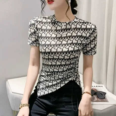 不规则网纱T恤女短袖夏季洋气收腰小衫独特别致上衣漂亮印花体恤商品大图
