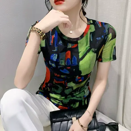 欧货涂鸦印花T恤女短袖2023夏装新款圆领网纱小衫别致修身上衣潮商品大图