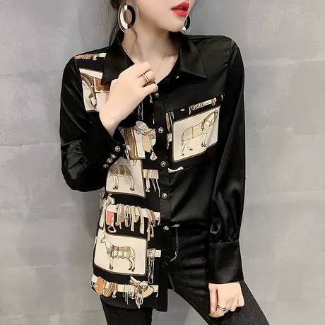 衬衫女设计感小众时尚印花上衣洋气百搭长袖衬衣外穿2023新款春装图片
