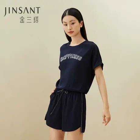 重磅桑蚕丝弹力缎休闲外穿轻运动短袖小衫短裤套装家居服女金三塔商品大图