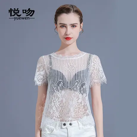半截蕾丝打底衫女内搭透视性感半身别致上衣夏季薄款短袖圆领罩衫图片