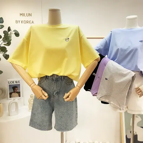 ins简约纯色棉质短袖2021夏款韩国东大门设计感T恤闺蜜姐妹装大码商品大图