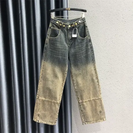 欧货怀旧复古高腰纽扣设计感牛仔长裤女23秋季新款宽松显瘦直筒裤图片