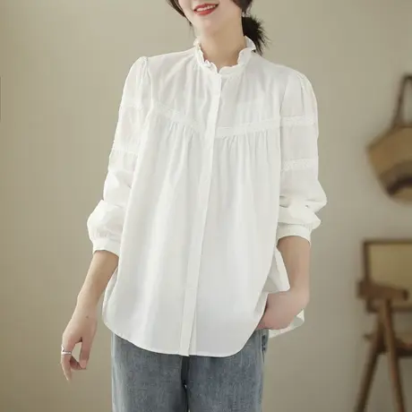 法式甜美蕾丝花边立领白色长袖衬衫女春秋上衣小众设计肌理感衬衣图片