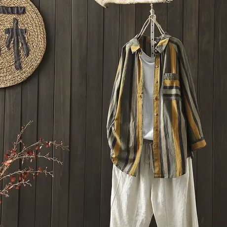 枫谜2020年秋装新款文艺复古条纹棉麻长袖衬衫女宽松休闲百搭衬衣图片