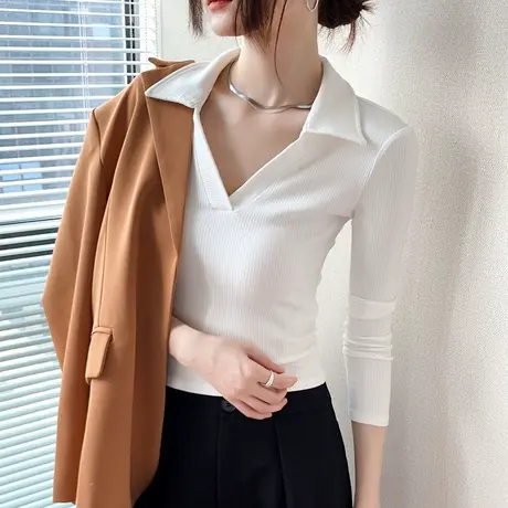 歌倍尚翻领polo针织衫女内搭修身显瘦大v领T恤2023春季新款上衣图片