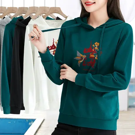 春秋新款长袖套头连帽卫衣女印花修身显瘦打底衫简约百搭上衣2023商品大图