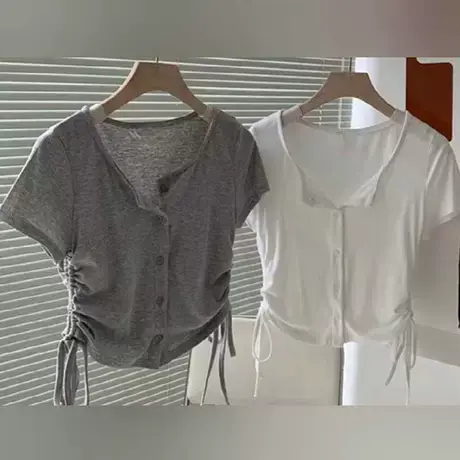 韩国东大门2023夏季港风纯色时尚单排扣开衫侧抽绳修身百搭衬衫女商品大图