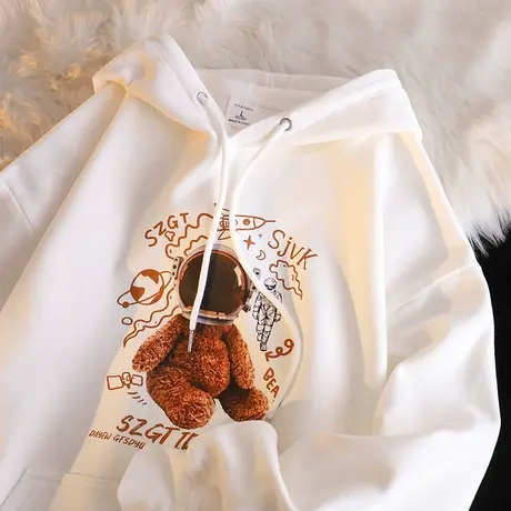 美式复古设计感小熊连帽卫衣女ins潮牌秋冬加绒加厚宽松大码外套图片