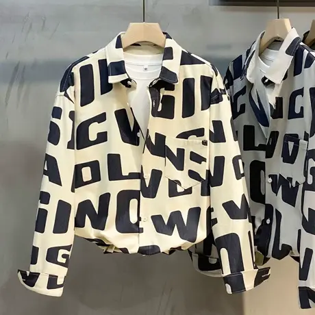 男长袖春秋潮流印花花衬衫秋装男装工装牛仔衬衣宽松日系休闲外套商品大图