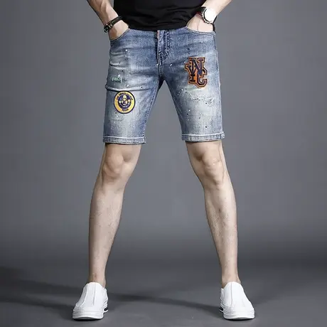 夏季薄款刺绣牛仔短裤男士5五分马裤潮牌潮流中裤子男高端四分裤商品大图
