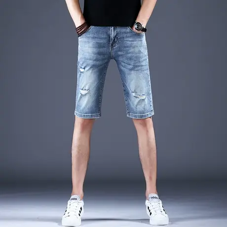 五分裤子秋款薄款破洞牛仔短裤男款修身弹力网红爆款美式高街中裤商品大图