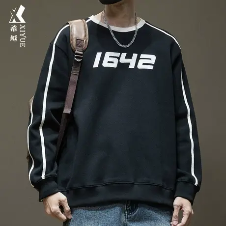 秋冬条纹拼接撞色男生卫衣男圆领宽松大码套头青少年内搭打底衫潮商品大图