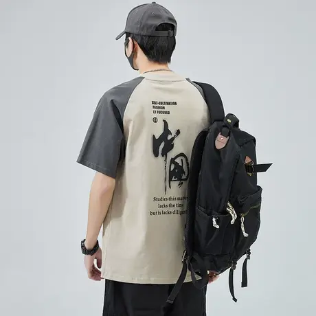 夏天撞色纯棉短袖T恤夏季男士字母印花潮牌圆领体恤2023新款上衣商品大图