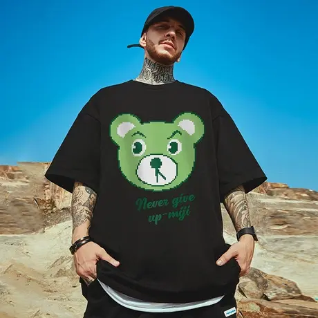 oversize潮牌美式胖子学生宽松短袖T恤男生大码情侣装小熊半袖夏图片