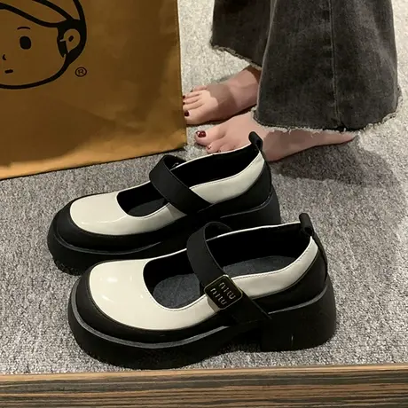 小众玛丽珍小皮鞋女2023夏新款法式粗跟鞋子女小香风厚底乐福单鞋商品大图