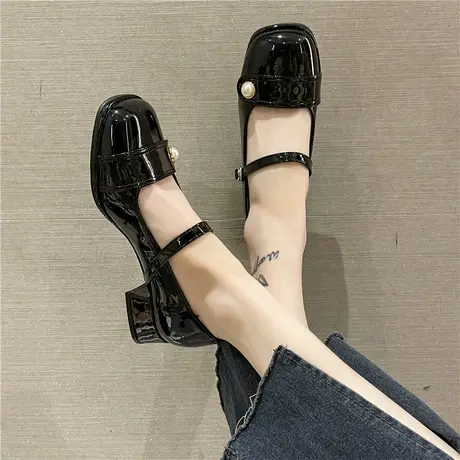 复古小皮鞋女2023年春季新款网红百搭法式玛丽珍粗跟时尚中跟单鞋商品大图