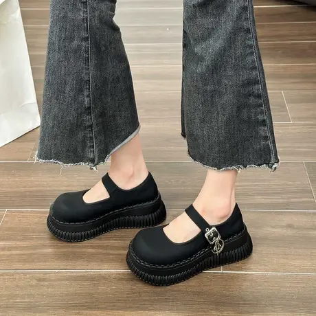 厚底高跟小皮鞋女2023秋季新款显瘦显腿长复古英伦浅口圆头松糕鞋图片