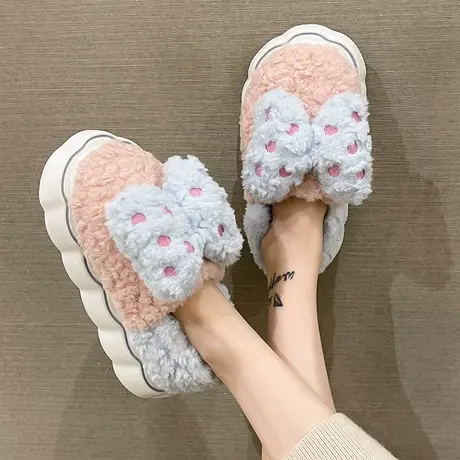 厚底棉拖鞋女冬季可爱波点蝴蝶结毛绒月子保暖包跟室内居家用棉鞋商品大图