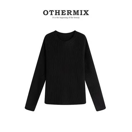 othermix 内搭外穿羊毛衫女2023秋冬羊毛针织衫纯色圆领短款毛衣图片