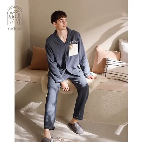 妮狄娅睡衣男春秋季纯棉纱布长袖翻领开衫简约休闲家居服套装夏天商品大图