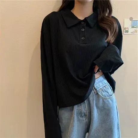大码女装春秋季胖mm宽松内搭打底衫遮肚子polo衫长袖T恤上衣200斤商品大图