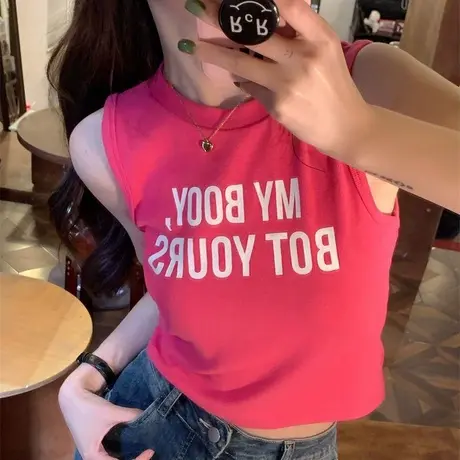 白色辣妹运动吊带背心女春秋短款字母印花内搭健身无袖外穿上衣夏商品大图