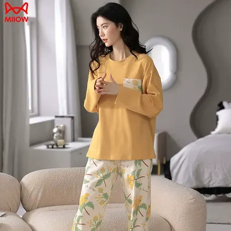 猫人睡衣女简约纯棉家居服套装2024新款长袖大码全棉春季可外穿图片