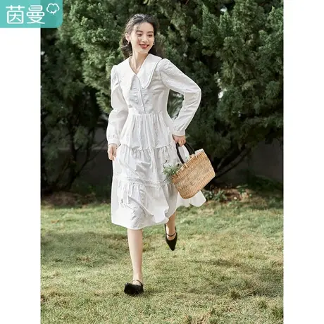 茵曼2023春季女装新款田园温柔白色减龄娃娃领宽松A字长袖连衣裙图片