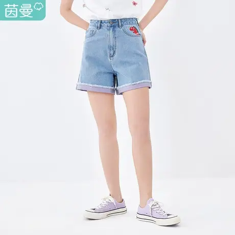 茵曼释放天性|2023夏装新款恐龙手绘涂鸦印花新疆棉牛仔短裤图片