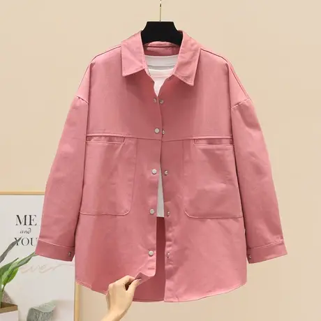 秋季韩版简约口袋纯色polo翻领长袖单排扣衬衫女宽松慵懒开衫外套商品大图