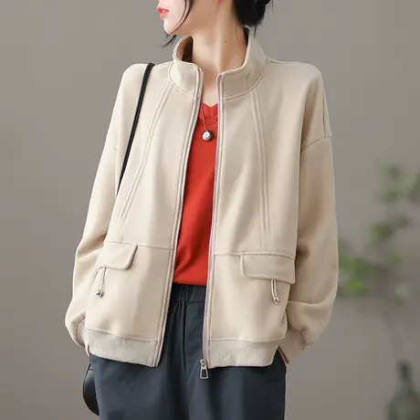 dza 文艺复古宽松立领短款外套女春季新款运动棒球服女装夹克上衣图片