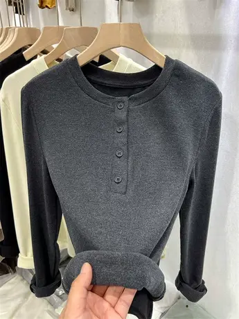 针织衫加绒加厚女2022冬圆领羊绒打底衫正肩T恤修身保暖内搭上衣商品大图