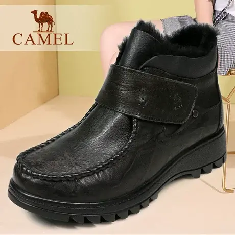 Camel/骆驼女鞋冬季真牛皮加绒保暖士加厚休闲棉皮靴短筒妈妈靴子图片