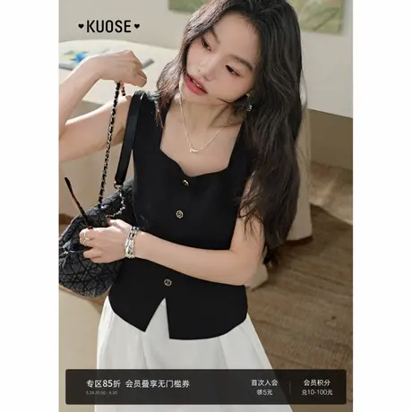 阔色黑色无袖修身显瘦针织背心吊带女装2025夏季新款方领上衣短款图片