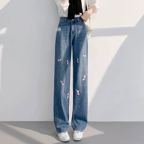 春季新款窄版阔腿裤女新中式国风牛仔裤爆款直筒重工刺绣春秋长裤图片