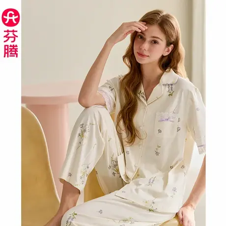 芬腾夏季睡衣女士短袖开衫纯棉休闲女款加大码全棉薄款家居服套装商品大图