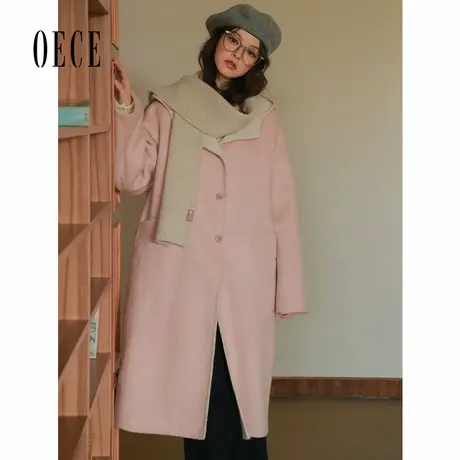 Oece设计感毛呢大衣女秋冬季新款小个子过膝高级连帽毛尼外套图片