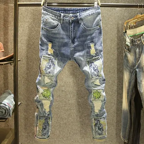欧美重工刺绣秋冬牛仔裤男修身小脚裤潮牌痞帅破洞刮烂潮流乞丐裤图片