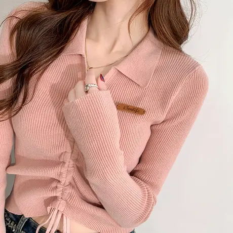 唐狮打底衫女粉色抽绳翻领针织衫秋冬修身短款甜辣气质毛衣商品大图