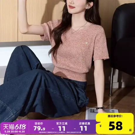 唐狮25夏季新款短袖女法式后背镂空系带设计圆领套头上衣Y商品大图
